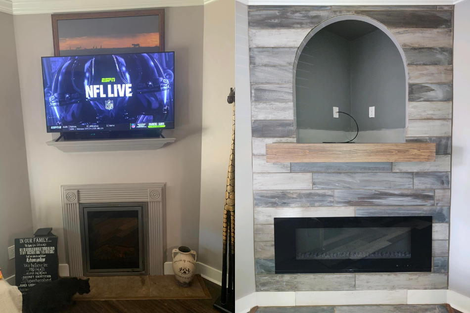 Electric Fireplace Installation with Mantle and Tile Enhancement